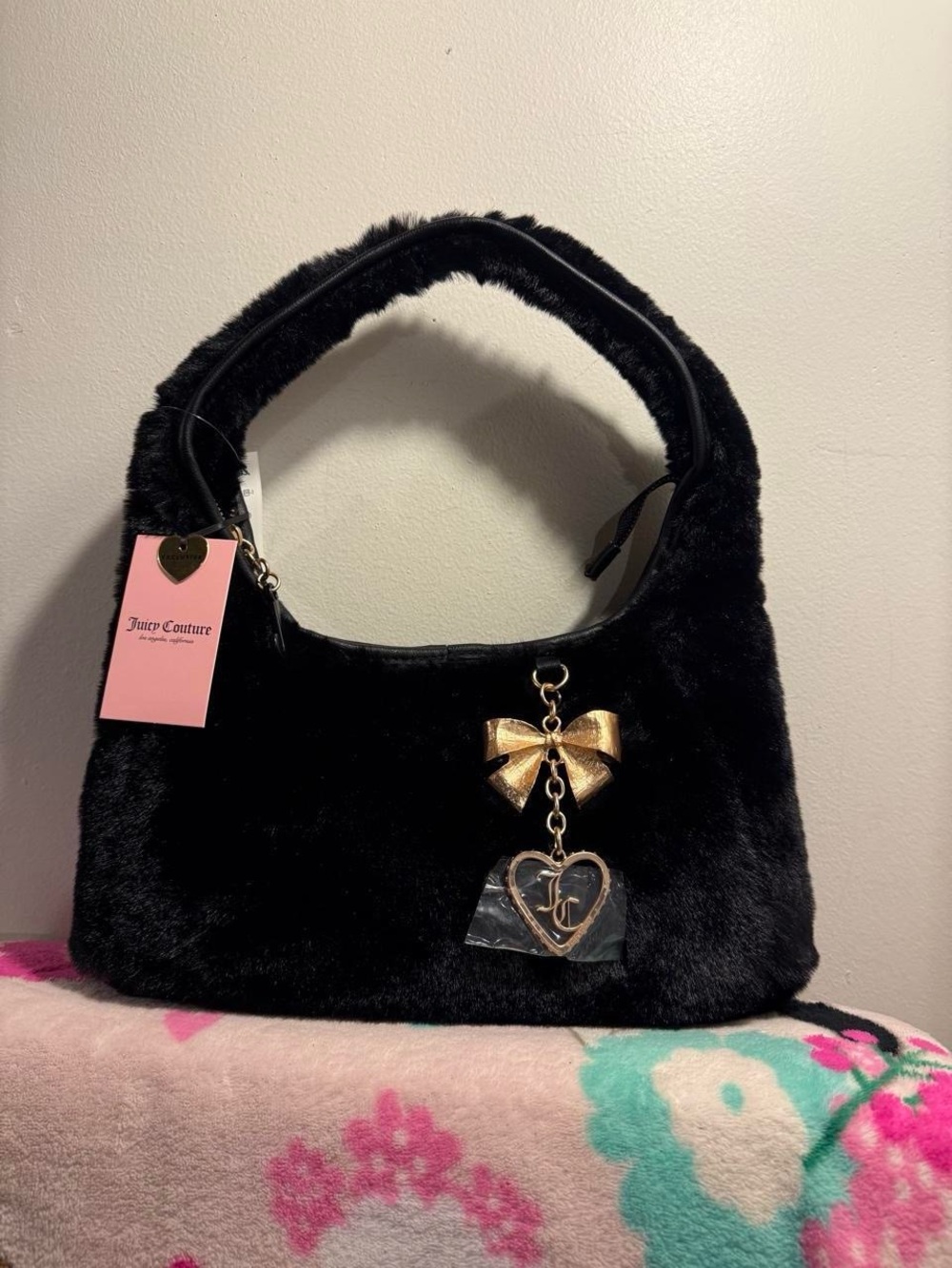 Juicy Couture black Faux Fur Heart Charm Hobo Bag